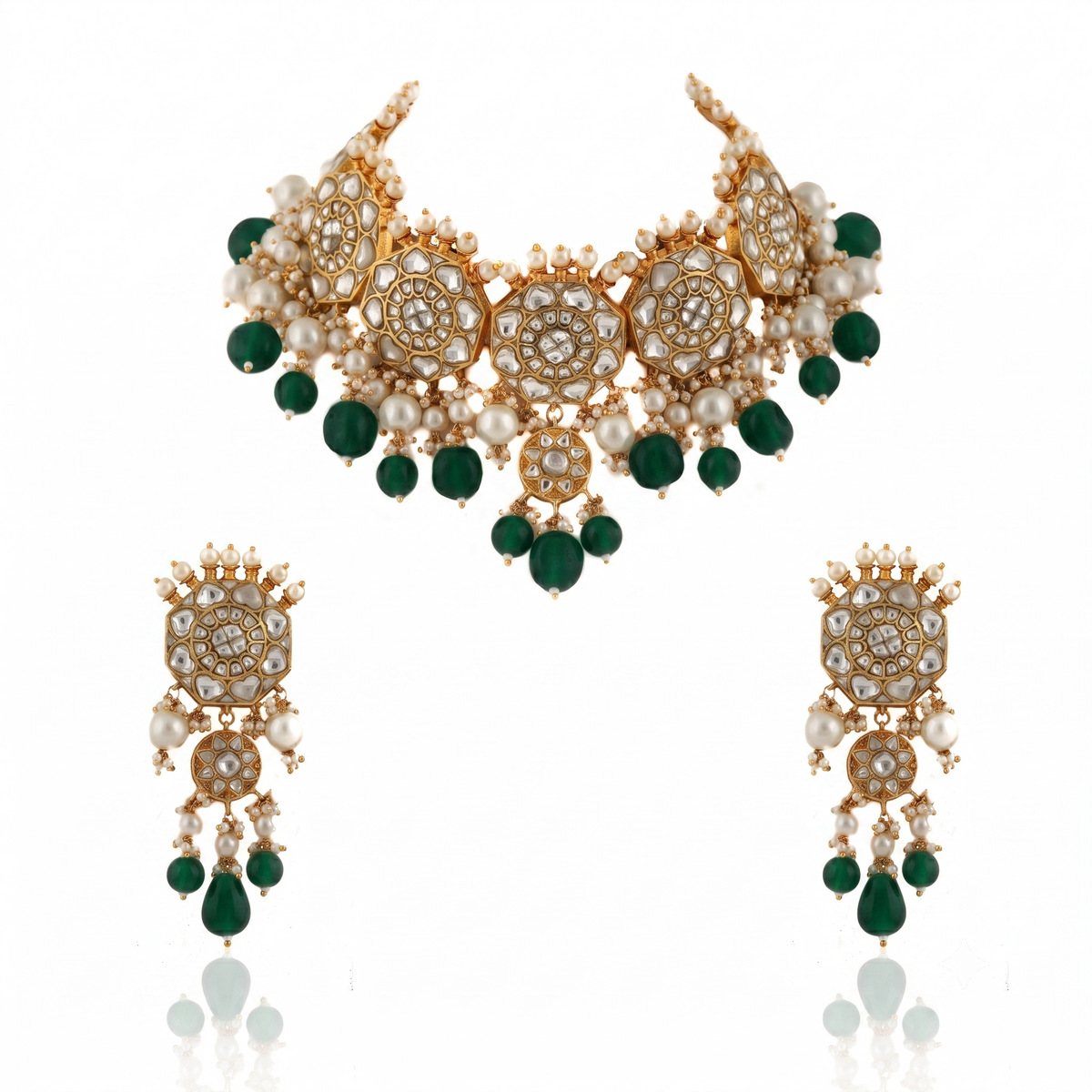 White Jadtar Stone Necklace Set Light Pink Beads With Pearl