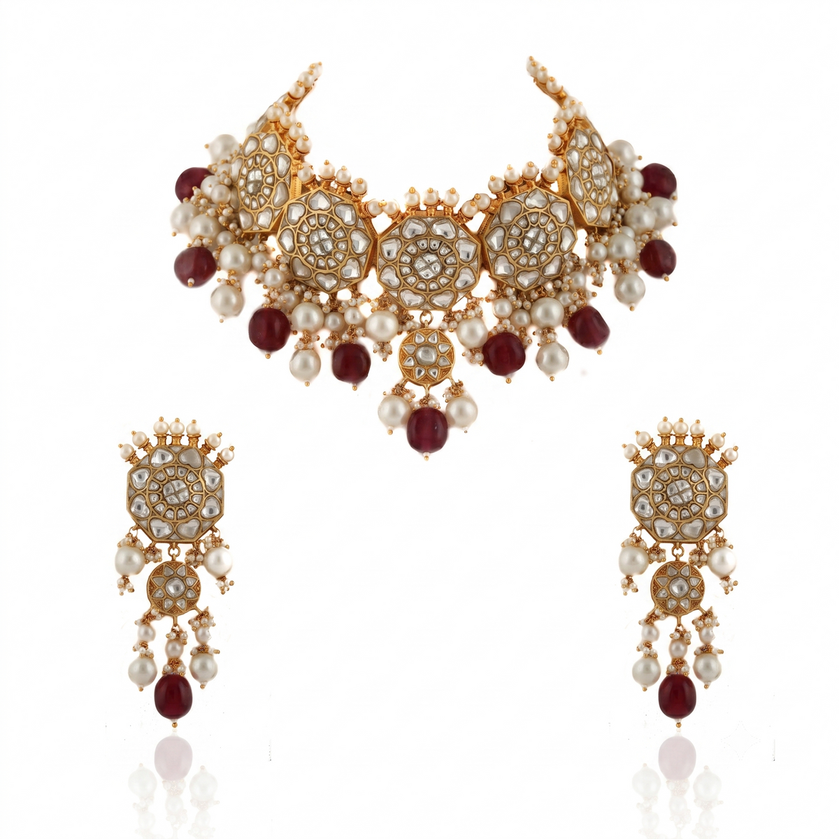 White Jadtar Stone Necklace Set Light Pink Beads With Pearl
