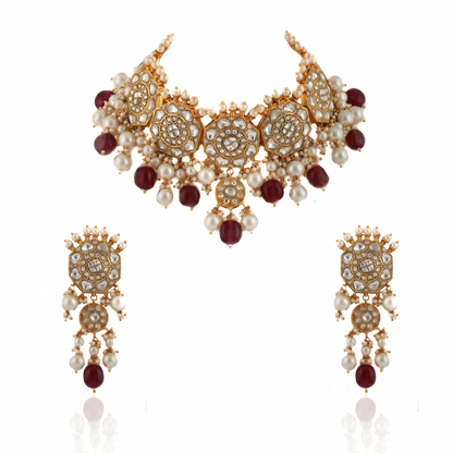 White Jadtar Stone Necklace Set Light Pink Beads With Pearl