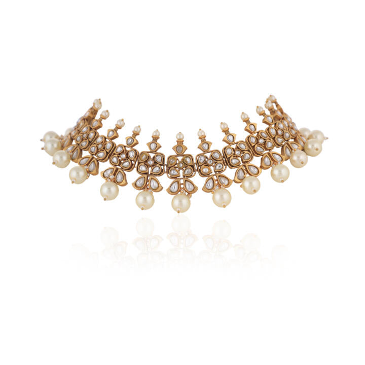 Off White Pearl Jadtar Choker Set