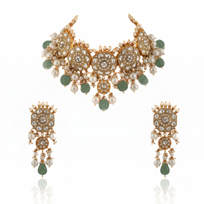 White Jadtar Stone Necklace Set Light Pink Beads With Pearl