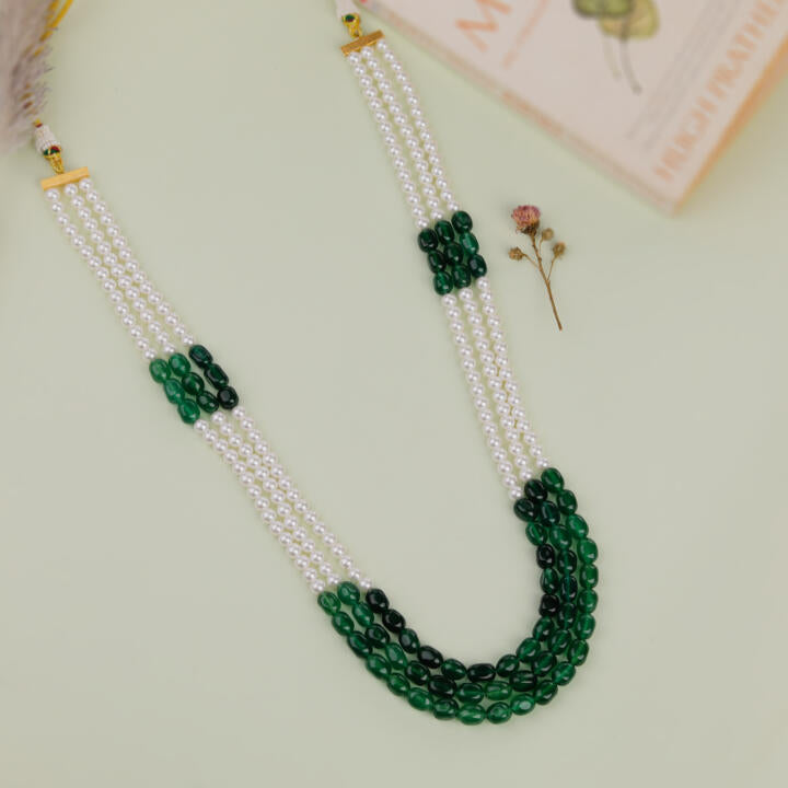 Emerald Green Beaded Maala three layered pearl Necklace