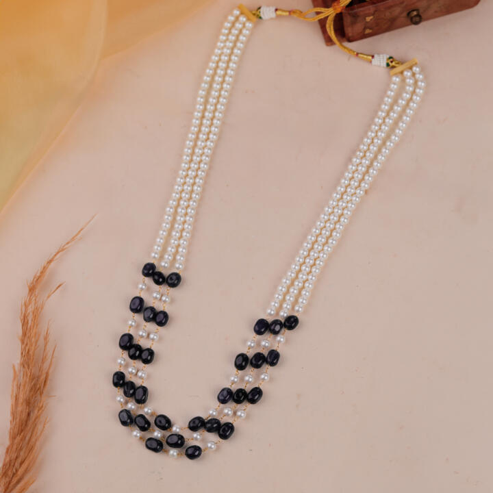 Blue and white 3 layered sapphire gemstone Beaded Necklace Maala