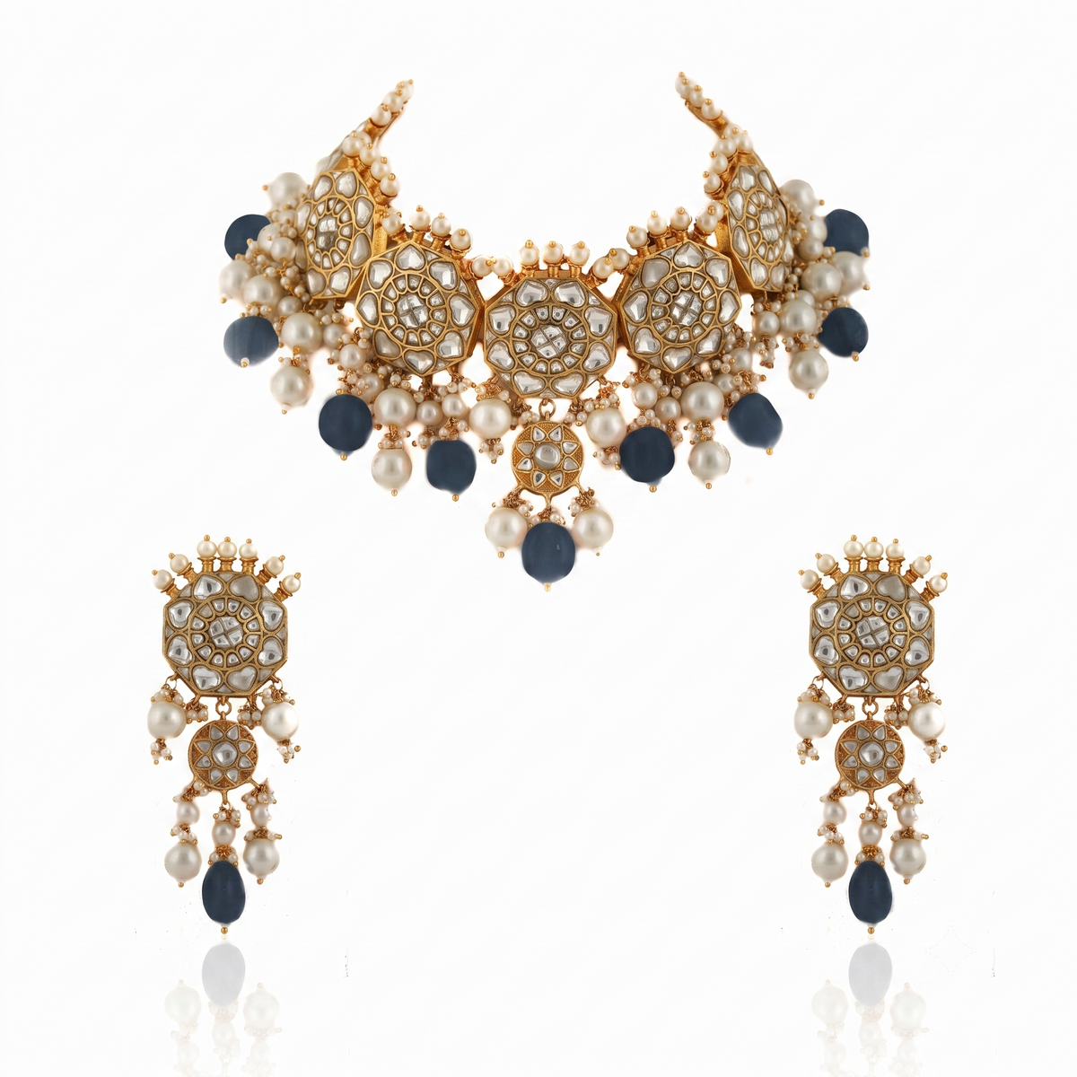 White Jadtar Stone Necklace Set Light Pink Beads With Pearl