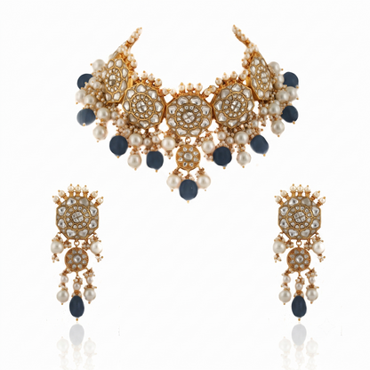 White Jadtar Stone Necklace Set Light Pink Beads With Pearl
