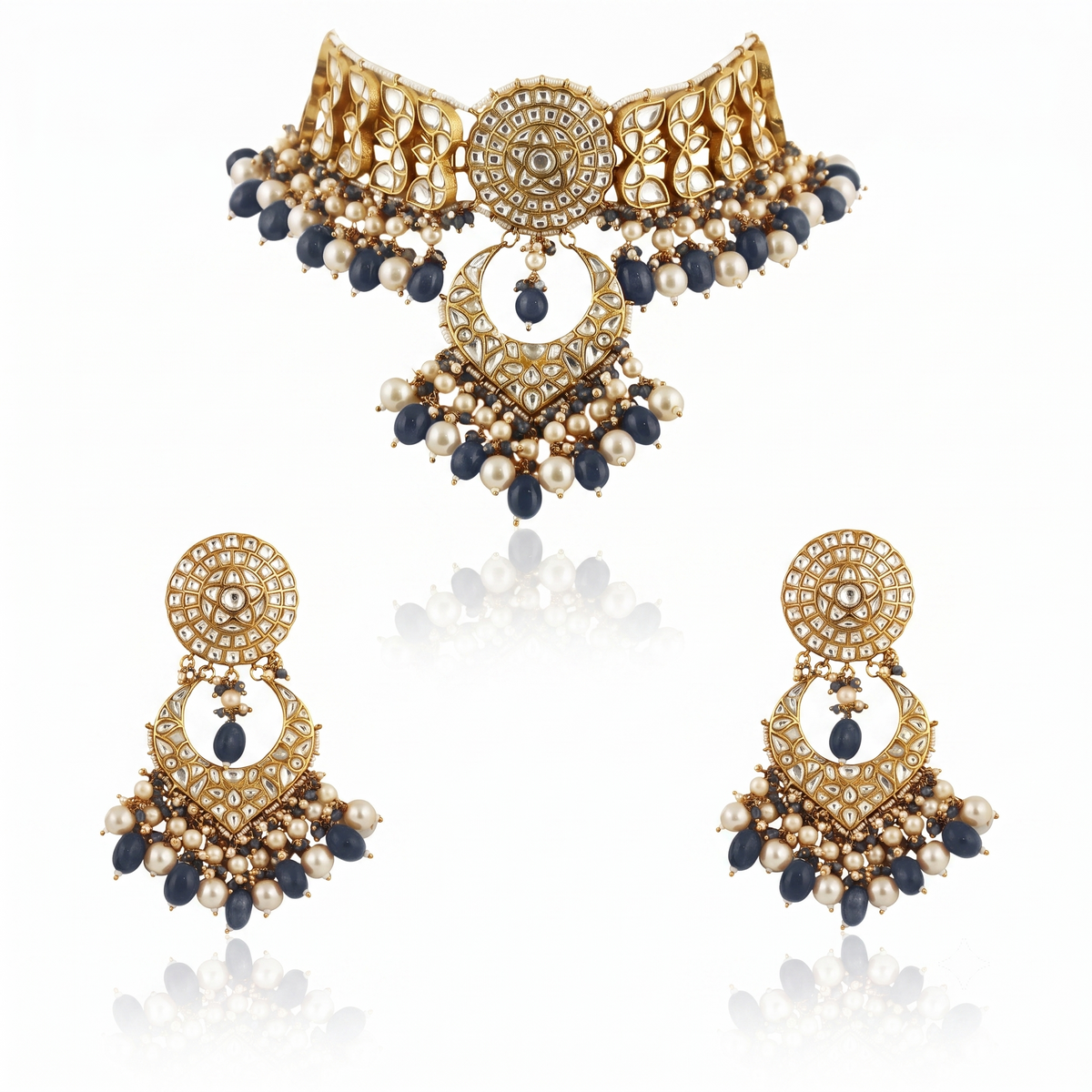 White  Work With Jadtar Stone Pink Beads Necklace Set