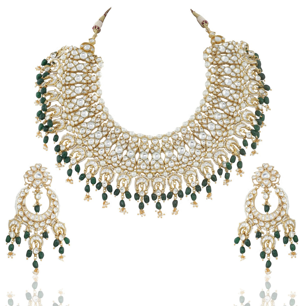 GOLD PLATED GREEN COLOR HEAVY BRIDAL NECKLACE SET