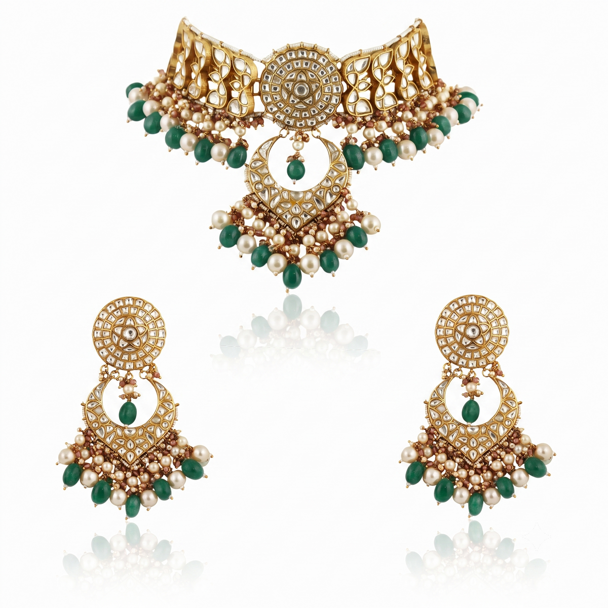 White  Work With Jadtar Stone Pink Beads Necklace Set