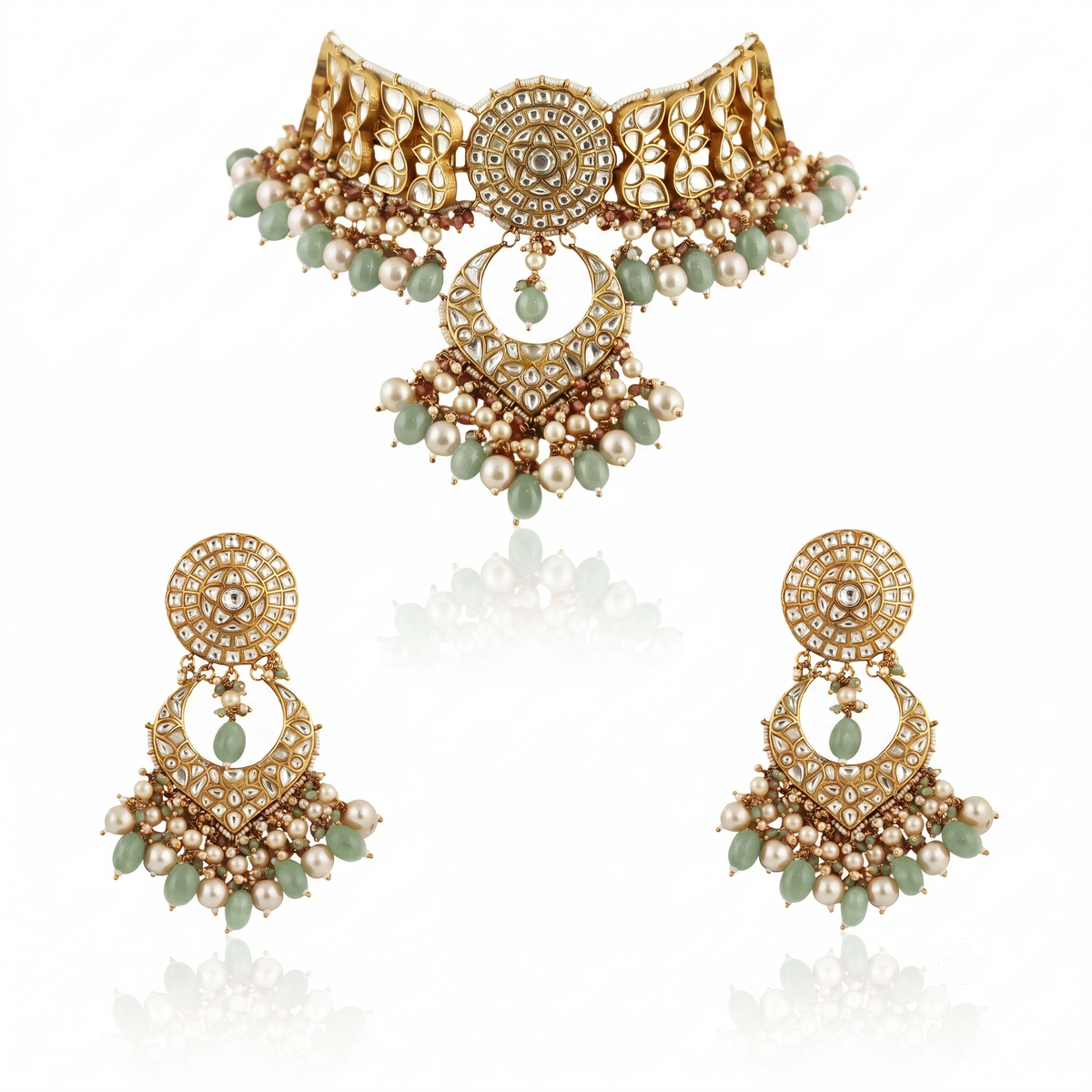 White  Work With Jadtar Stone Pink Beads Necklace Set