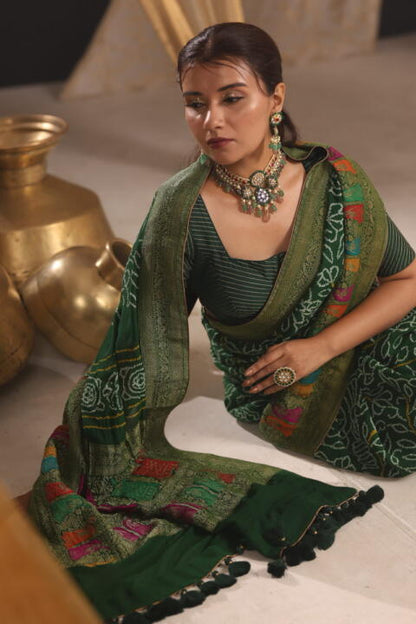 Traditional Ring In Floral Design With Green And White Studded Jadtar Stones