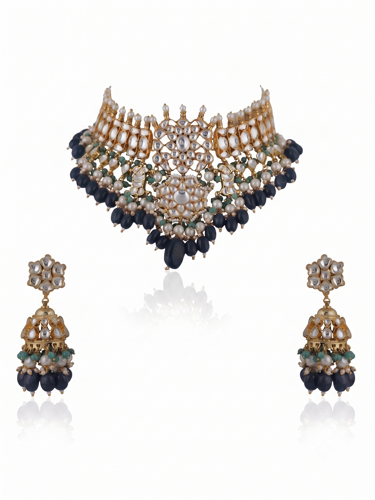 Choker Necklace Set With Jhumkis In Fresh  Emerald Beads
