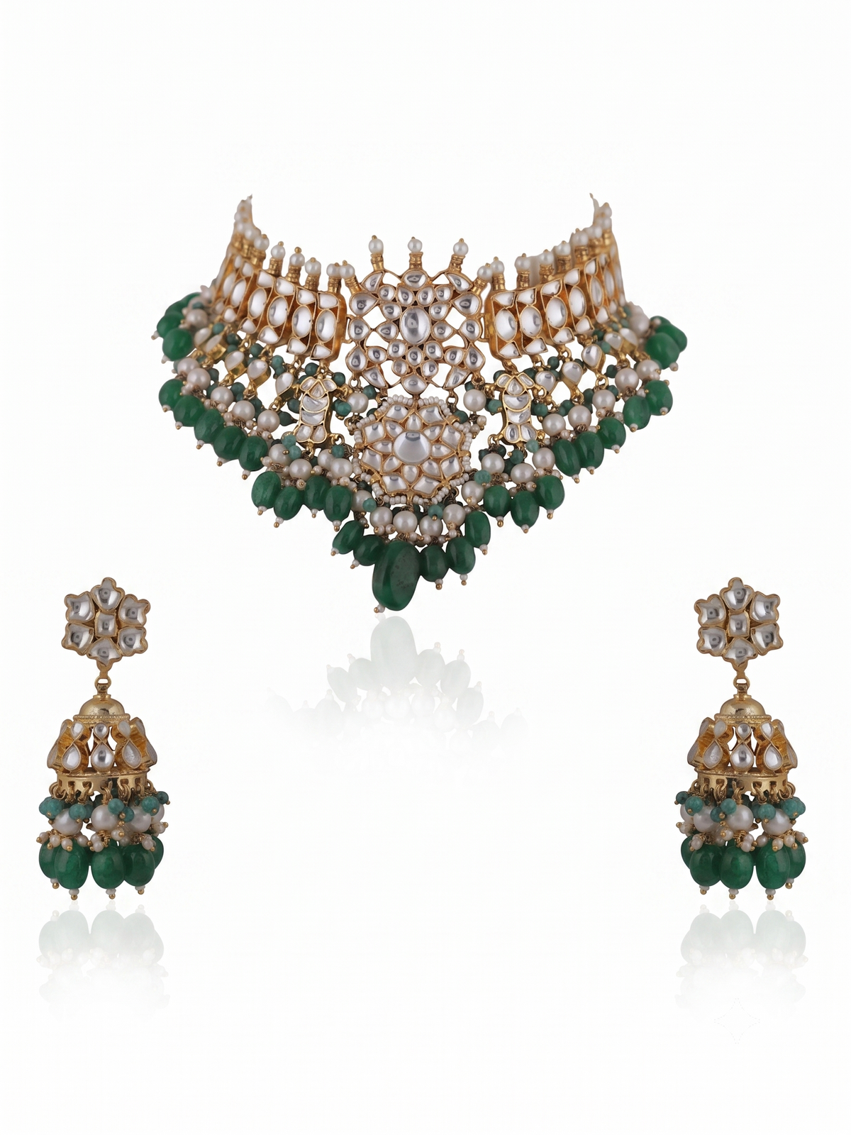 Choker Necklace Set With Jhumkis In Fresh  Emerald Beads