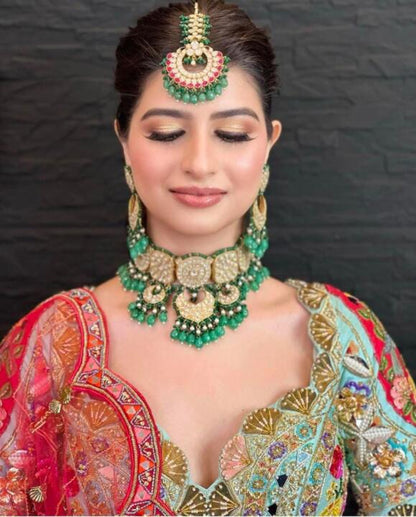 White Jadtar Stone Necklace Set With Green Moti Work And Sea Green Beads