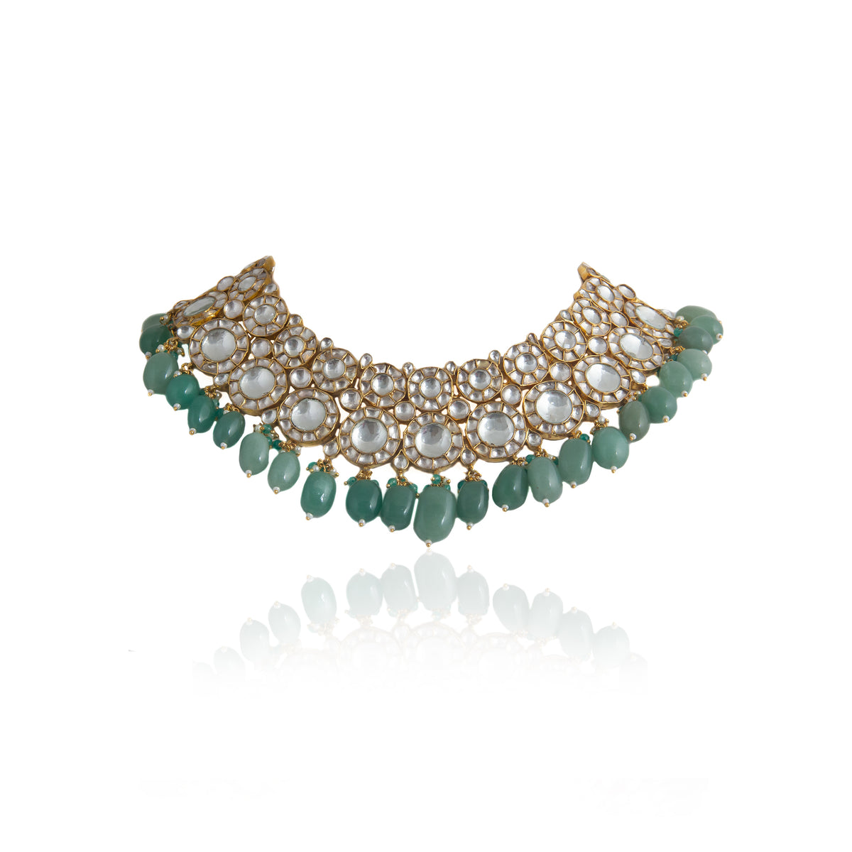 SEA GREEN BEADS AND BIG ROUND STONE  NECKLACE SET