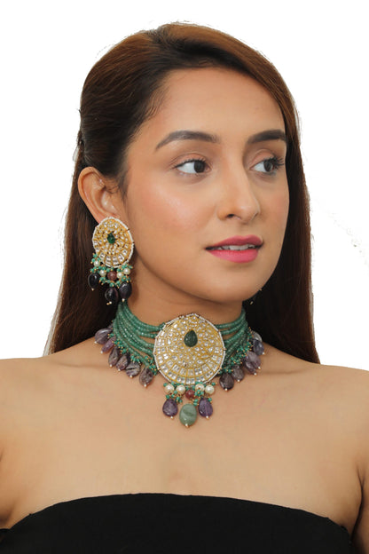 GREEN AND PURPLE WHITE JADTAR STONE NECKLACE SET