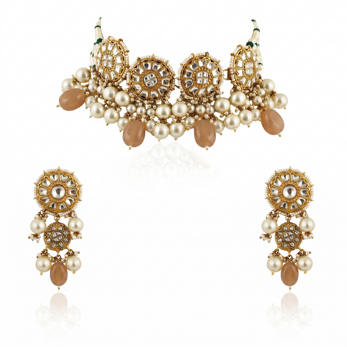 Necklace In 22Kt Gold Plating Studded With White Jadtar Stones And Beaded In Pastel Pink And White Beads