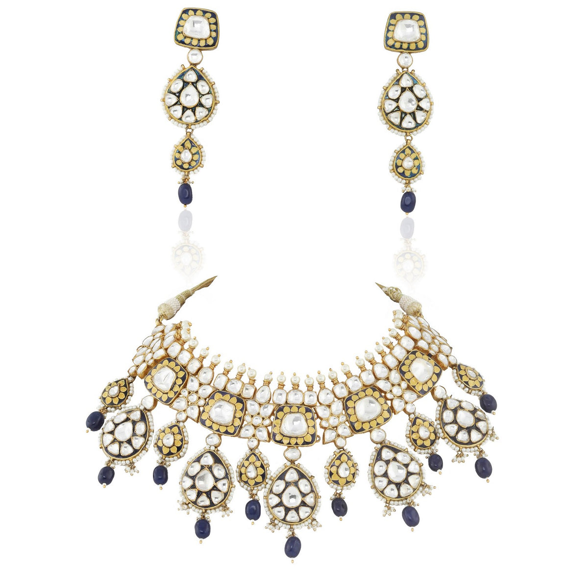 Blue and White Jadtar and Meena worked Necklace