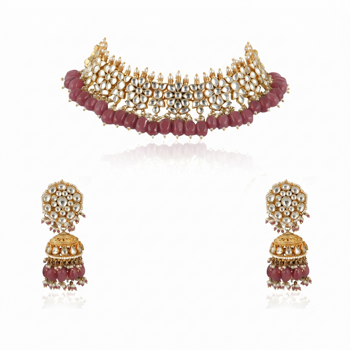 White Flower  Beads White Jadtar Stone Necklace Set