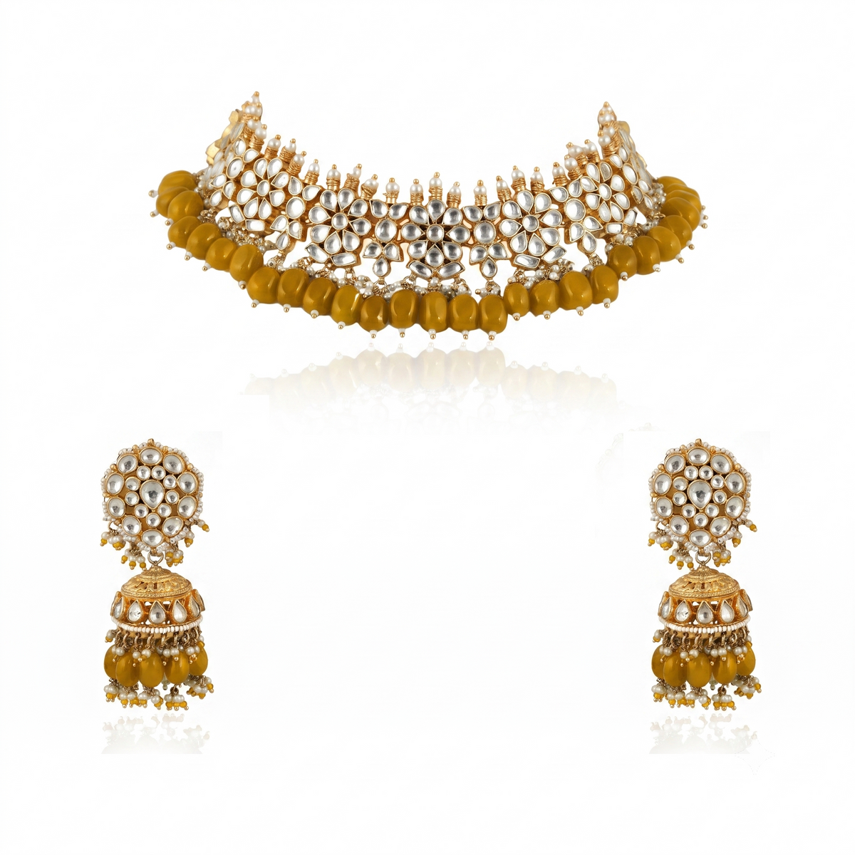 White Flower  Beads White Jadtar Stone Necklace Set