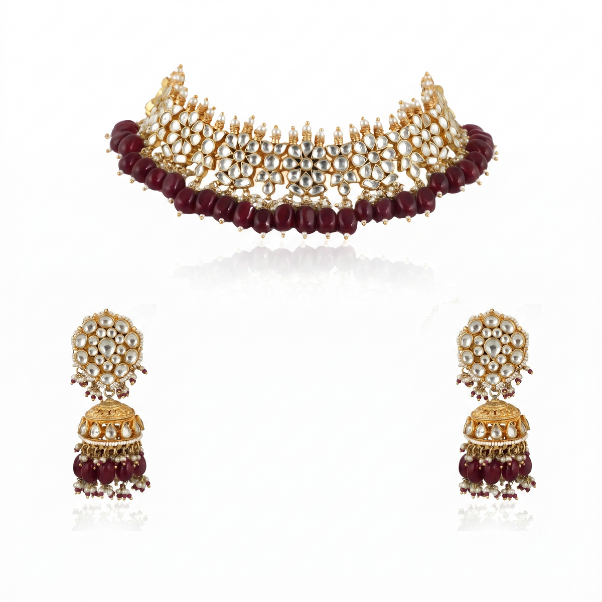 White Flower  Beads White Jadtar Stone Necklace Set