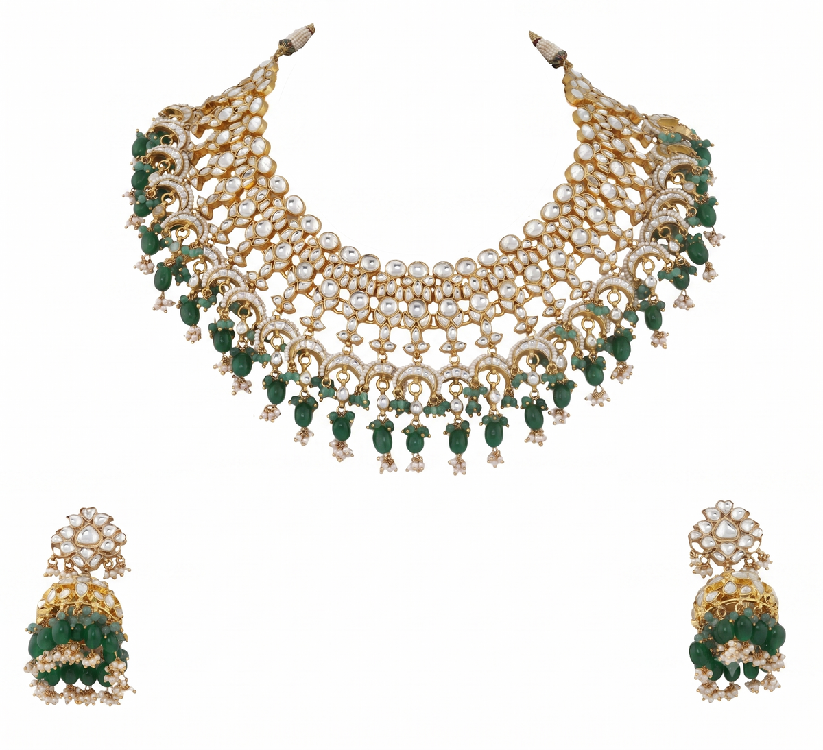 Uniquely Beaded Traditional Necklace Set In Pink And Green Beads