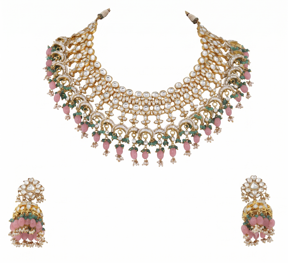 Uniquely Beaded Traditional Necklace Set In Pink And Green Beads