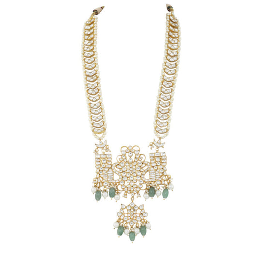 Peacock Pendant With Sea Green Beads And White Pearl Long Maala