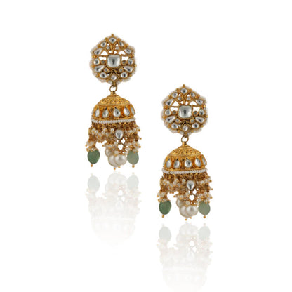 White Jhumki With Pearl And Sea Green Beads