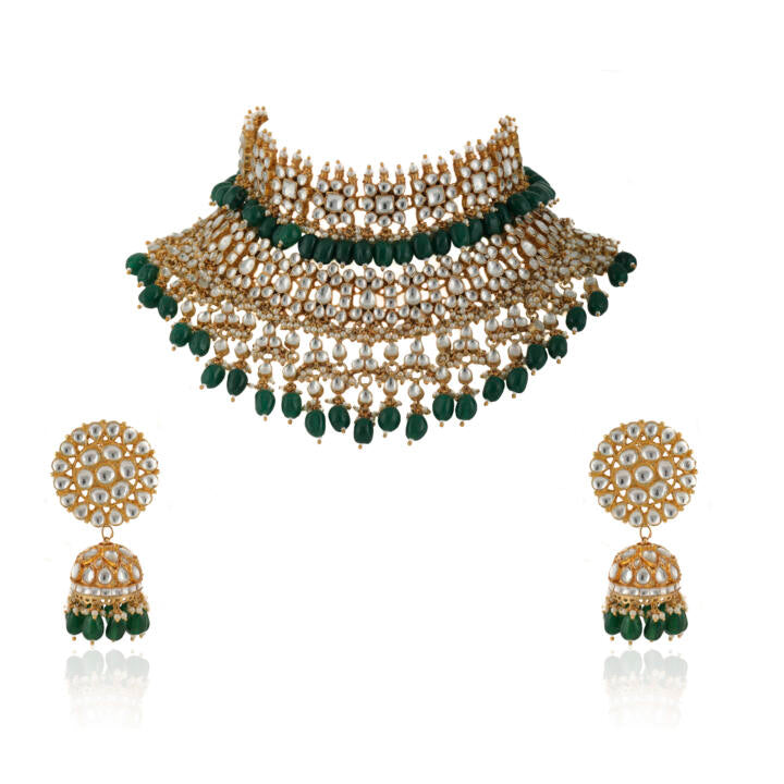 White Jadtar Stone Shlok 2 Line Choker With Jhumki Bridal Set