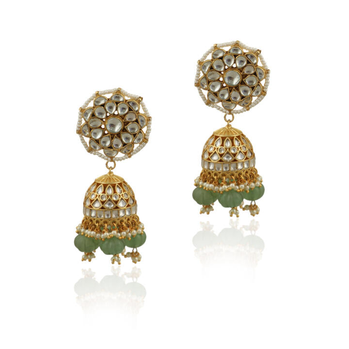 White Stone And Sea Green Beads Bridal Necklace With Jhumki