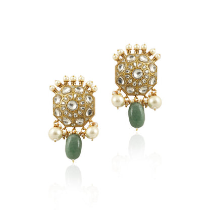 Traditional 22Kt Choker Neckace Set Studded With White Jadtar Stones And Sea Green Beads With Pearls