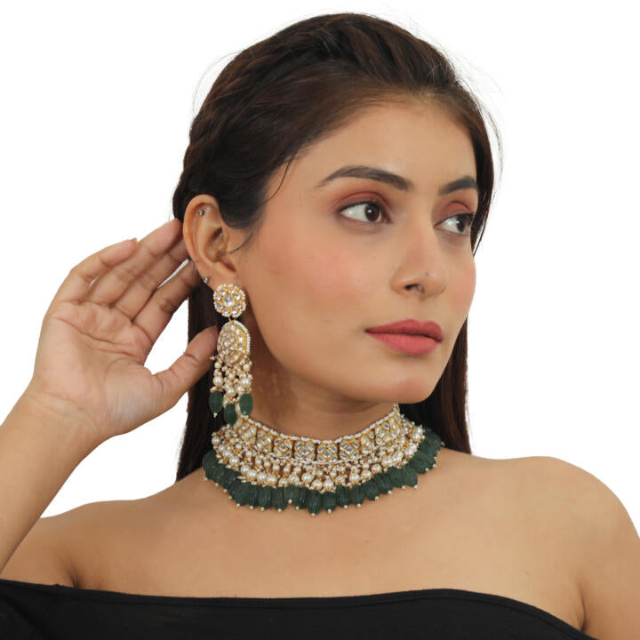 White Small Choker Set With Green Beads