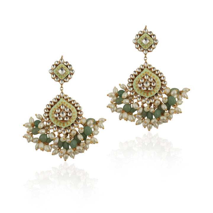 Pista  Meena Work Necklace Set With Small White Pearls And Sea Green Beads