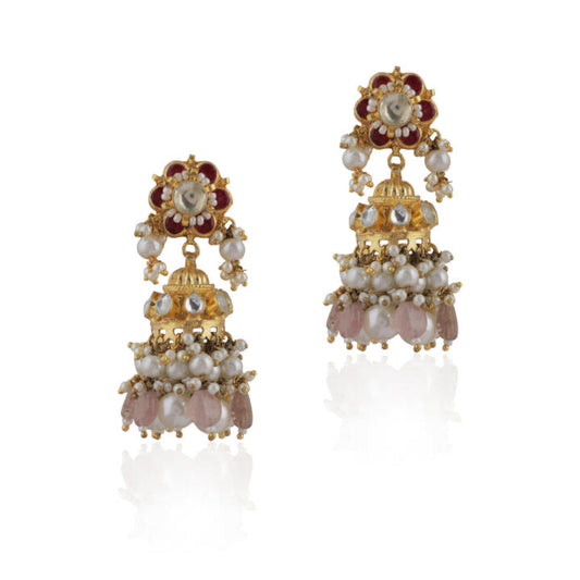 Pink With White Pearl Jadtar Stone Jhumki Earrings