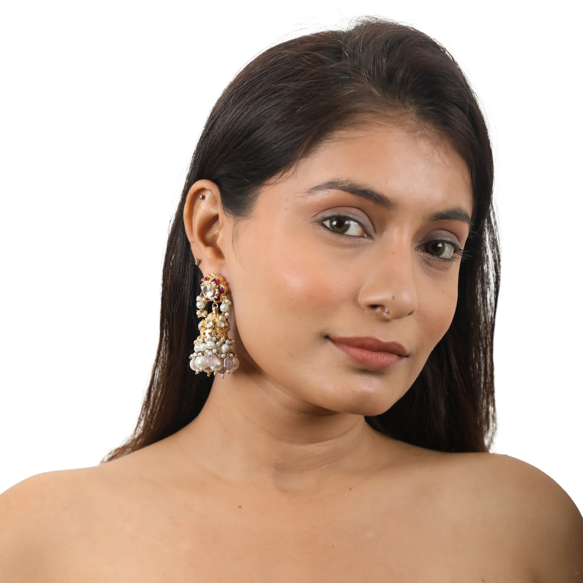 Pink With White Pearl Jadtar Stone Jhumki Earrings