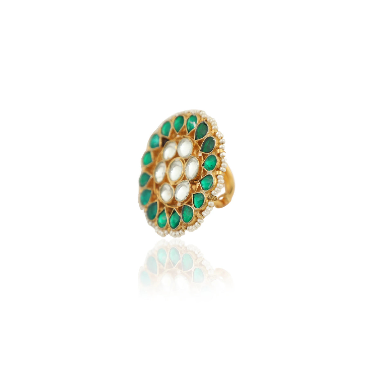 Traditional Ring In Floral Design With Green And White Studded Jadtar Stones