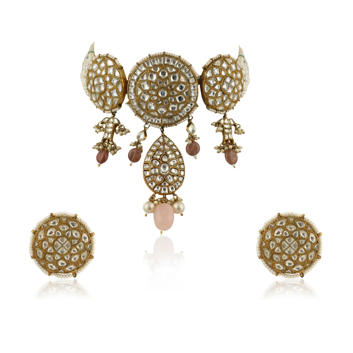 Choker Set Studded With Jadtar Stones Beadded With Pearl And Pastel Pink Beads