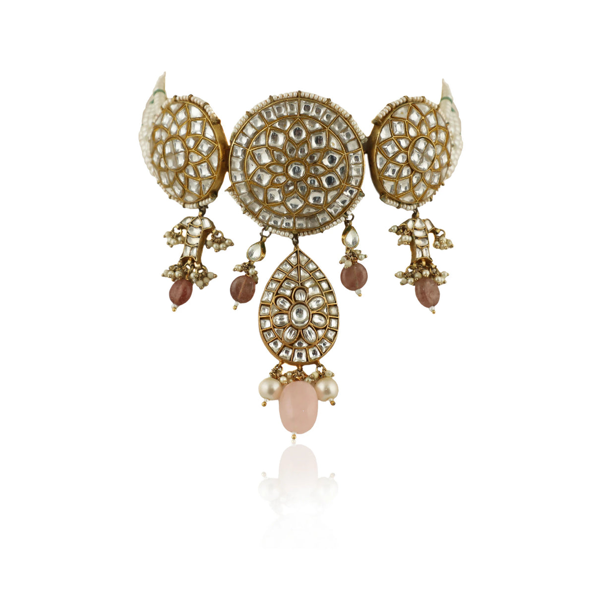 Choker Set Studded With Jadtar Stones Beadded With Pearl And Pastel Pink Beads