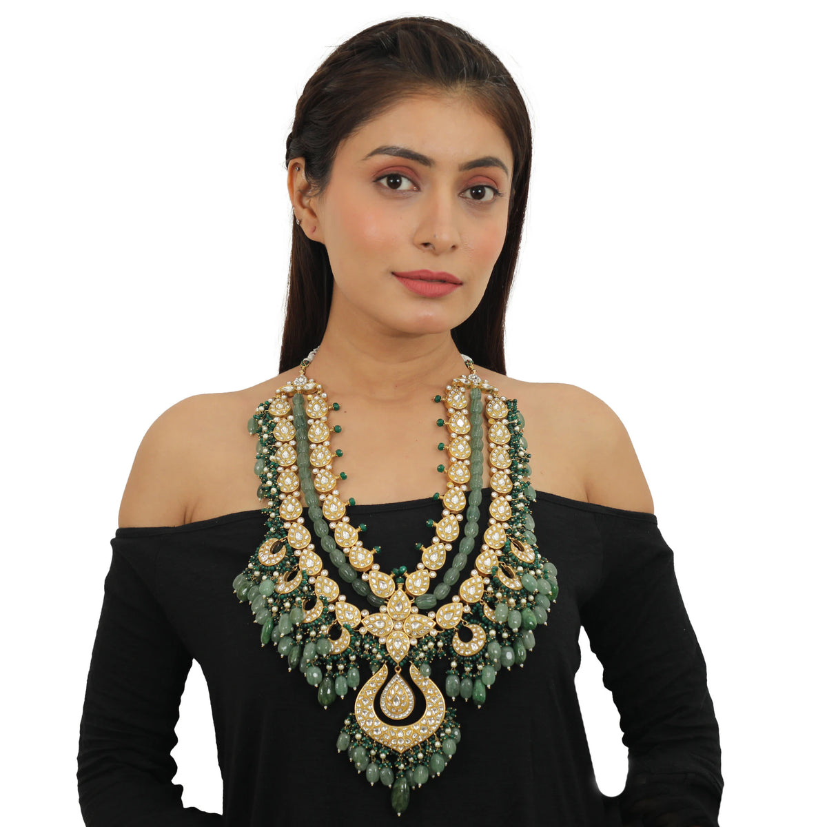 Bridal Double Layered Necklace In 22Kt Gold Plating, Studded With White Jadtar Stones And Beaded In Emerald And Sea Green Pearls