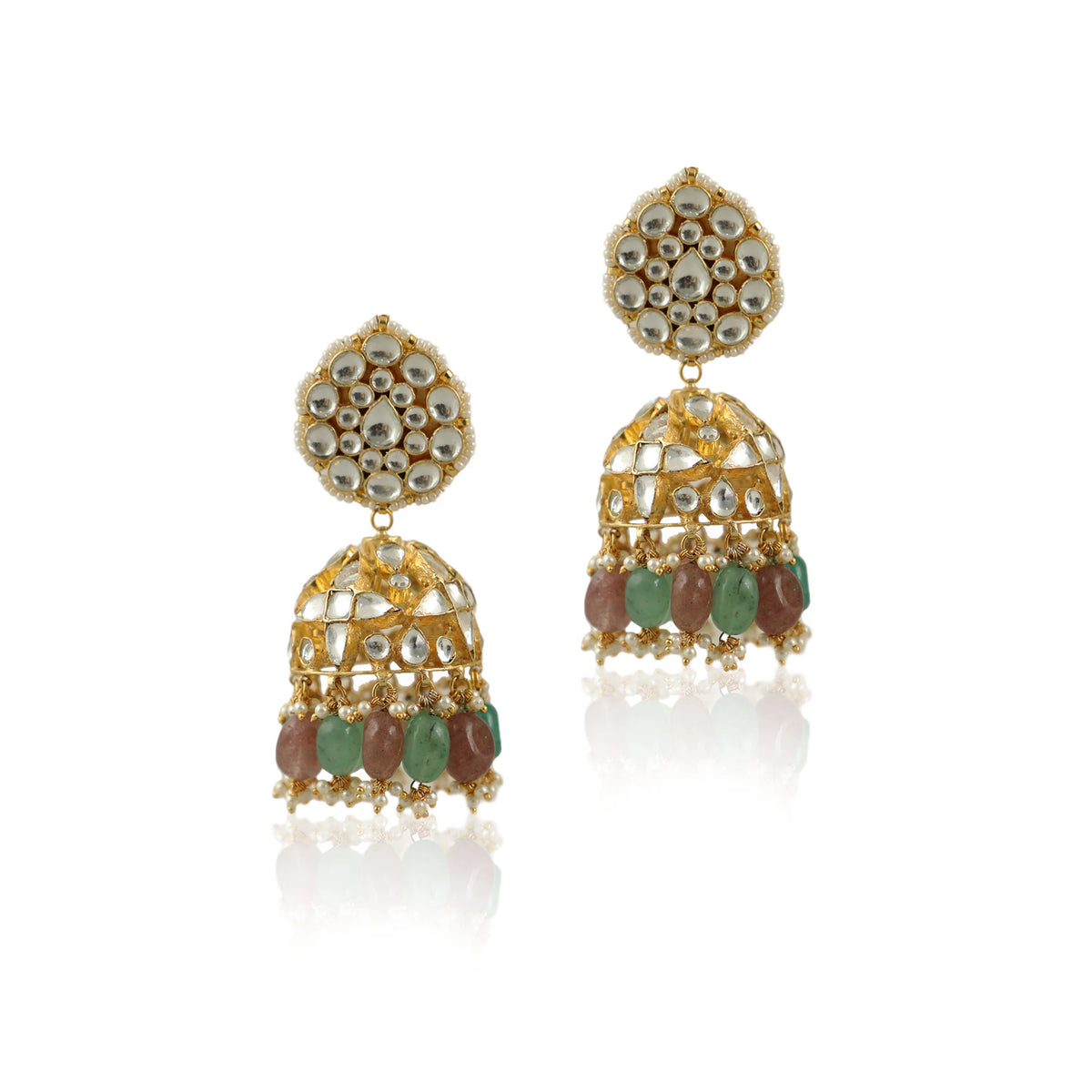 Pastel Pink And Sea Green  Beads  Necklace  Set In 22Kt Gold Plating, With Jhumki Earings