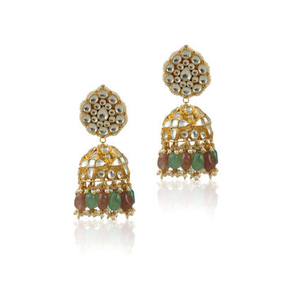 Pastel Pink And Sea Green  Beads  Necklace  Set In 22Kt Gold Plating, With Jhumki Earings