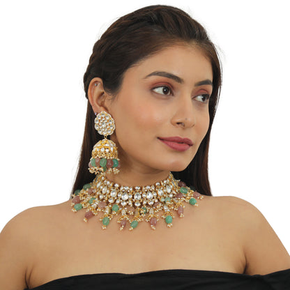 Pastel Pink And Sea Green  Beads  Necklace  Set In 22Kt Gold Plating, With Jhumki Earings
