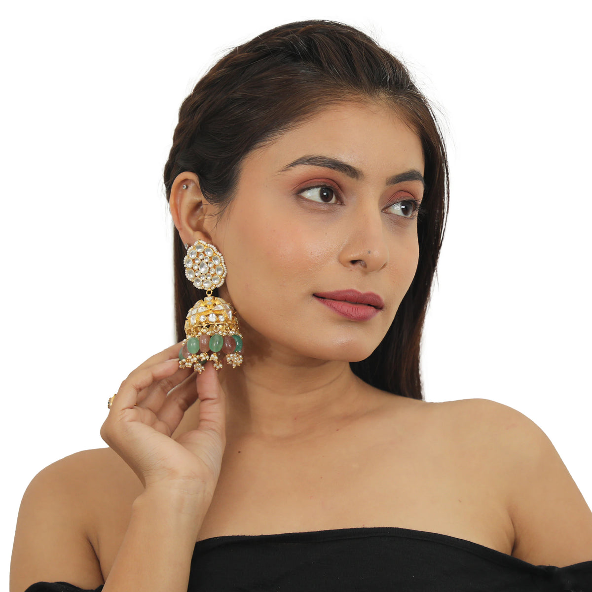 Pastel Pink And Sea Green  Beads  Necklace  Set In 22Kt Gold Plating, With Jhumki Earings