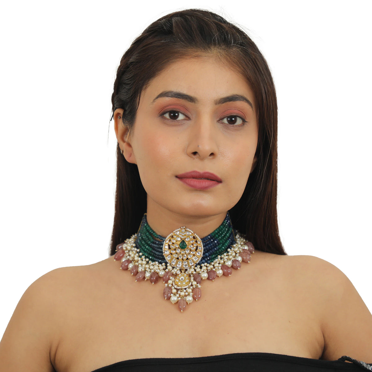 22Kt Gold Plated Choker Necklace Set With Blue And Green Belt, Beaded With Pastel Pink Beads