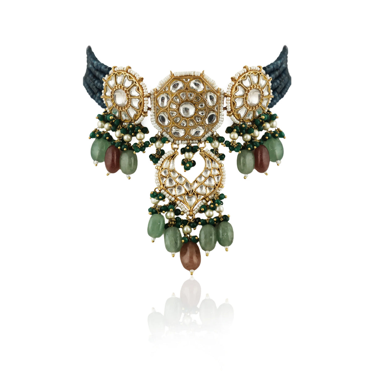 22Kt Gold Plated Choker Necklace Studded With Jadtar Stones In Blue