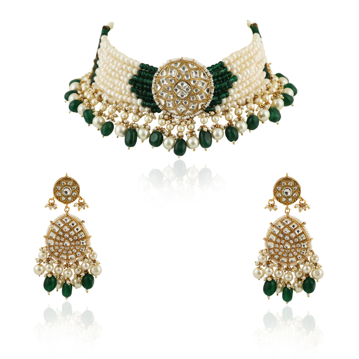White Choker Set With Small Dark Green And Pearl Line Beadded Green Beads And Pearl