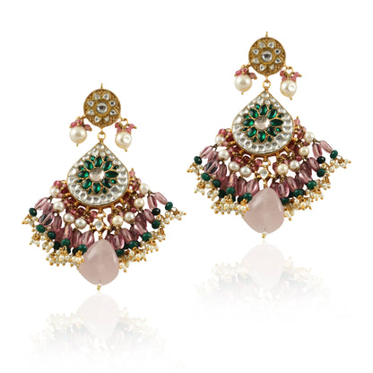 White And Green  Stone Earrings With  Pink Beads
