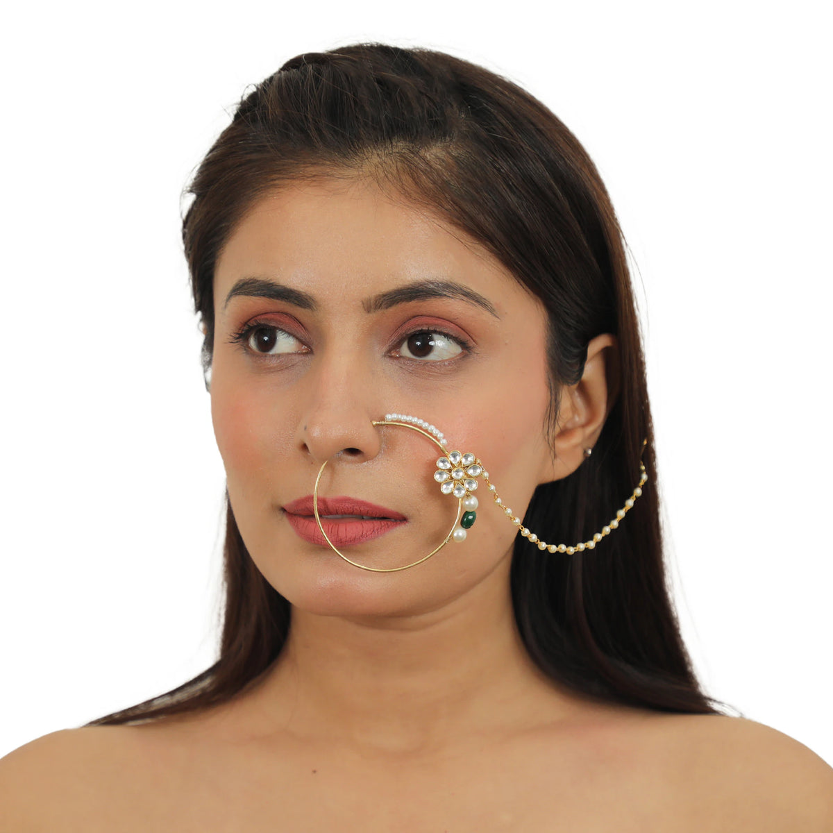 Floral Nosering With Pearls And  Emerald Drop