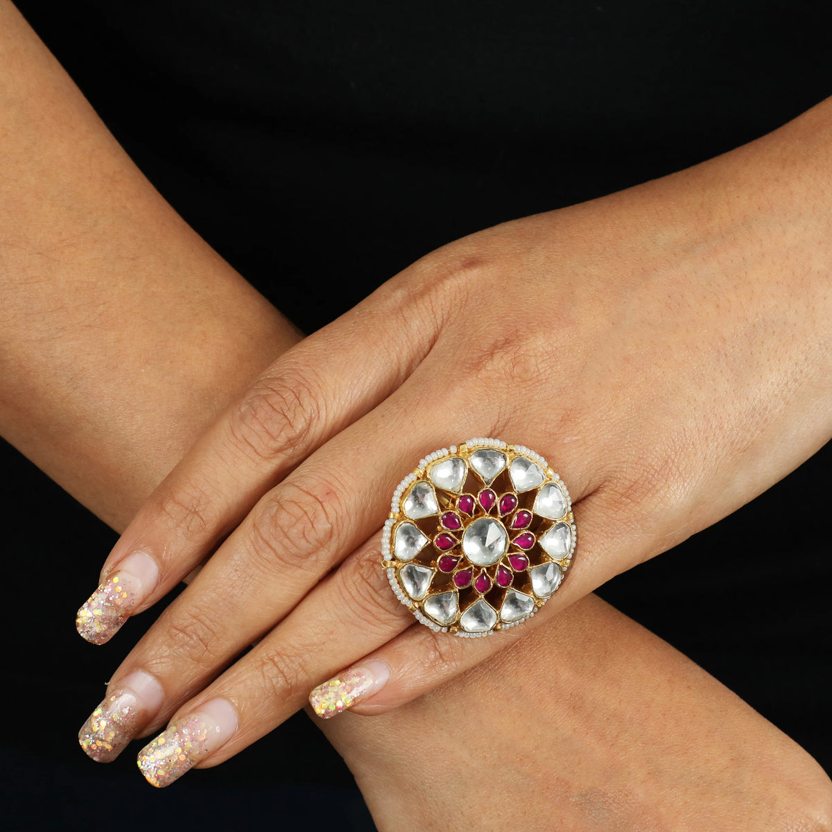 White And Pink Stone Jadtar Ring