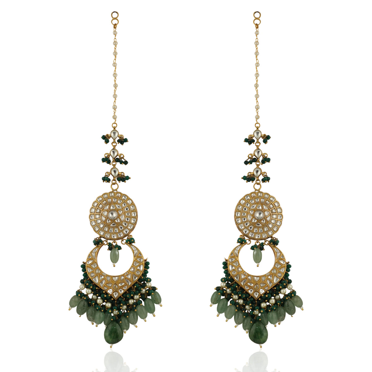 Sea Green Beads And Dark Green  Long Earrings With  Earchain